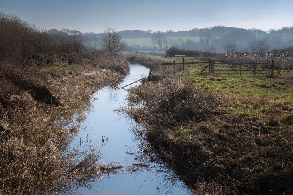 Watermill Stream, Combe Valley on misty winters morning