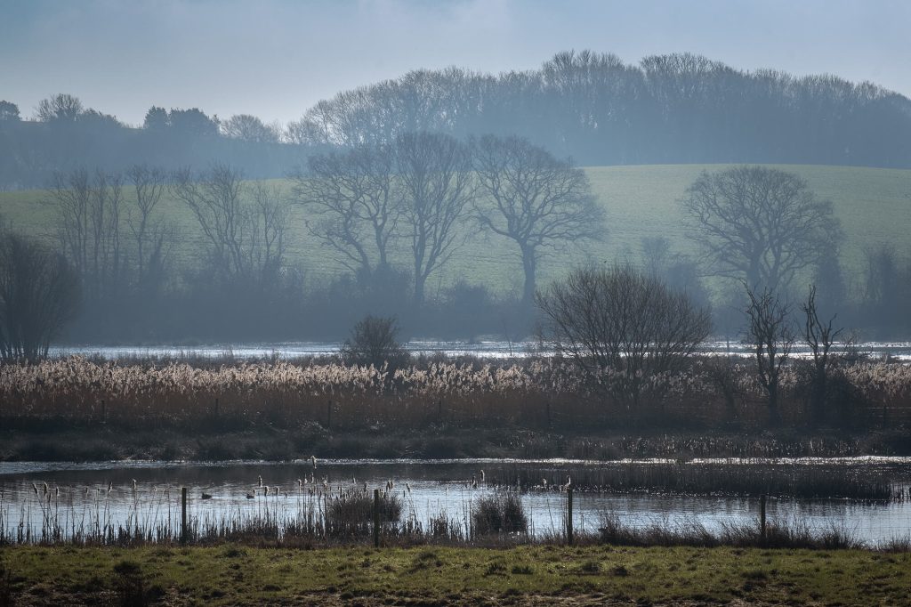 Combe Haven river and flood on misty winters morning